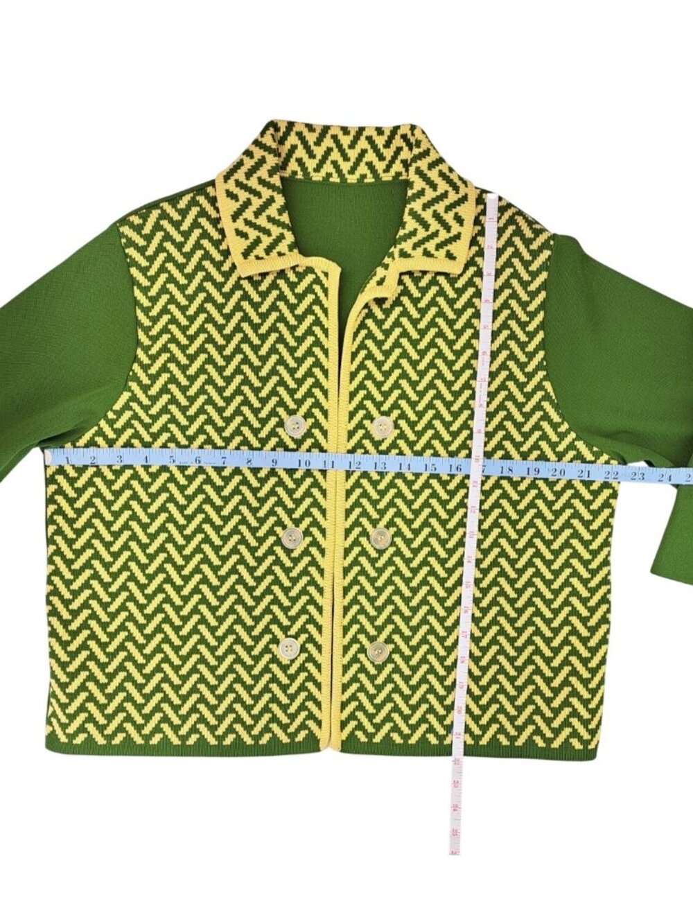 Vintage Green Yellow Polyester Knit Cardigan Sweater Chevron Women Size XL Union - Picture 5 of 10